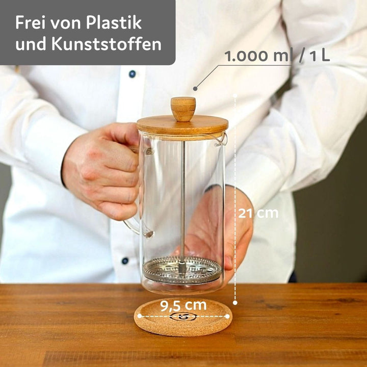 Buntfink French Press Thermo 1 Liter - Edelstahl Kaffeepresse Mit Holzgriff Doppelwandig
